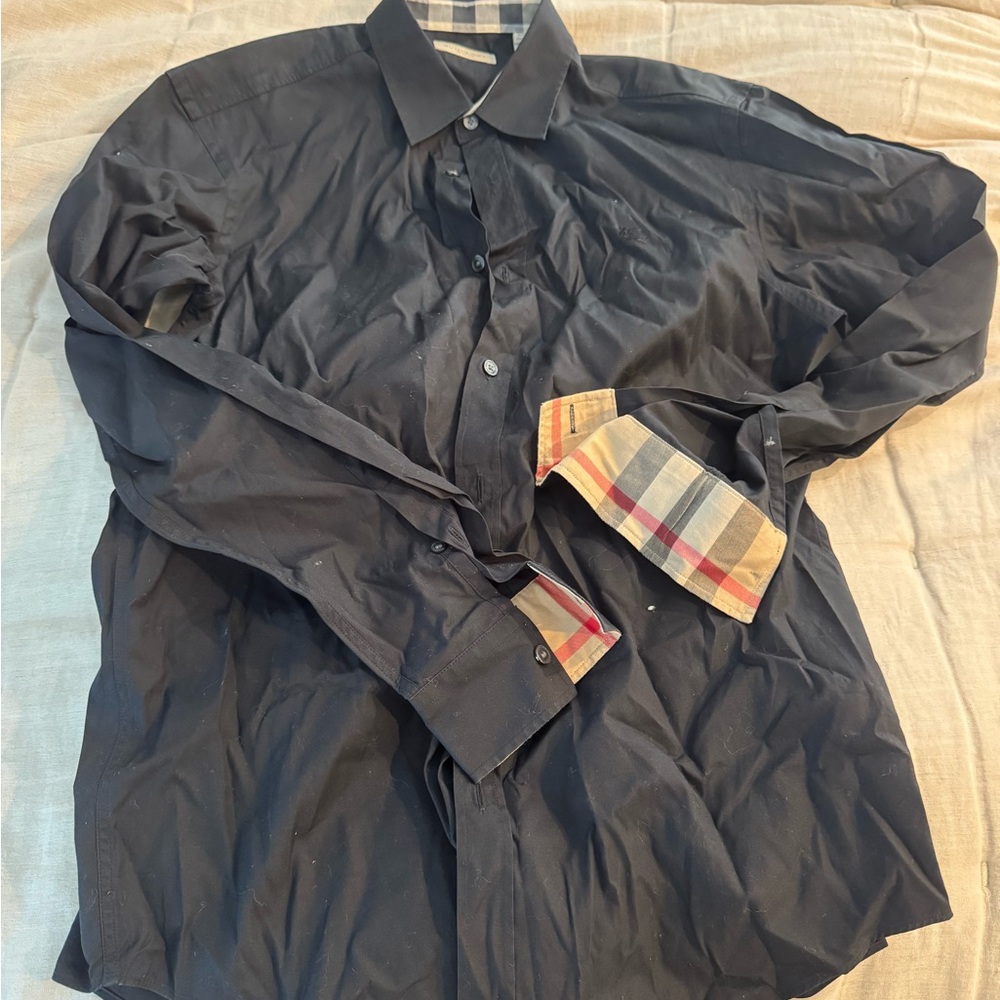Burberry Black Button-Up Shirt with Plaid Cuff Detail